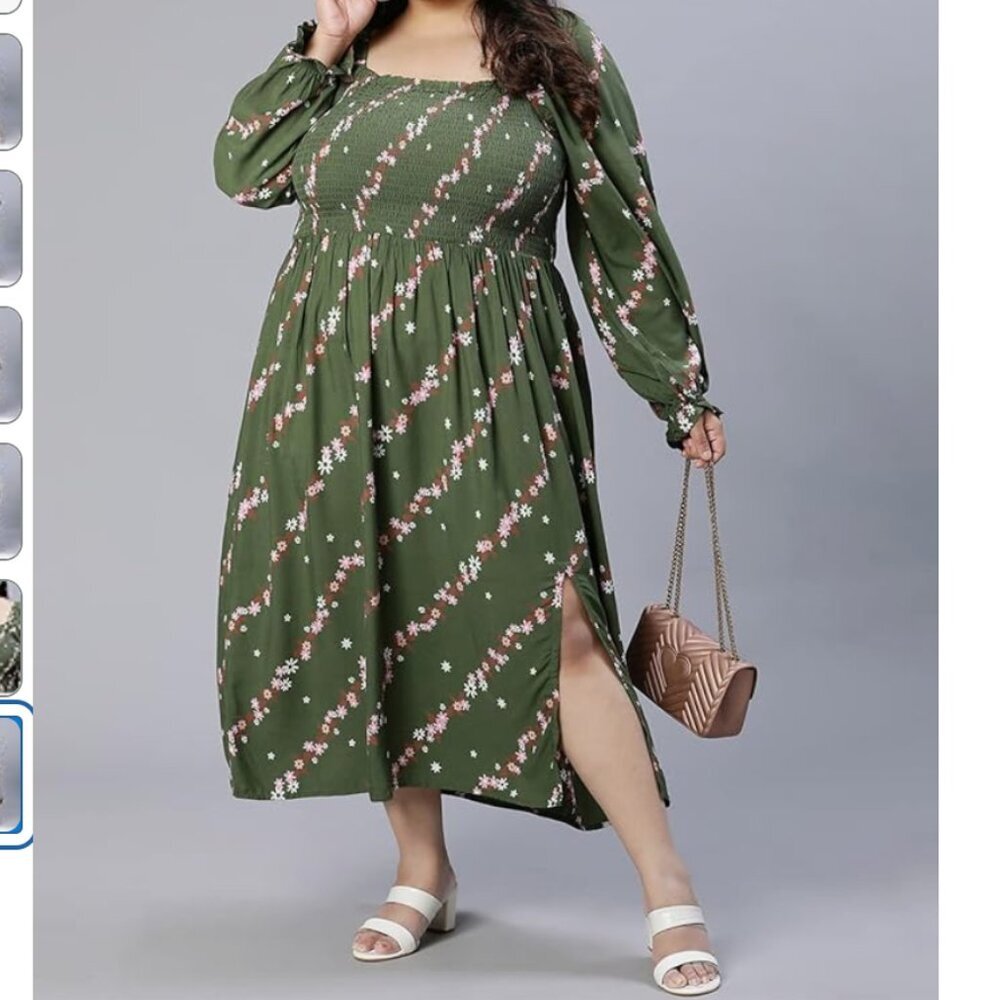 Simply Be Women's 16 Midi Dress Floral Print Smocked Long Sleeve Stretch